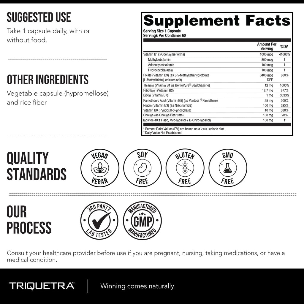 BioActive Vitamin B Complex - Complejo B Metilado con Metilfolato y 3 Formas de B12 - Triquetra Health