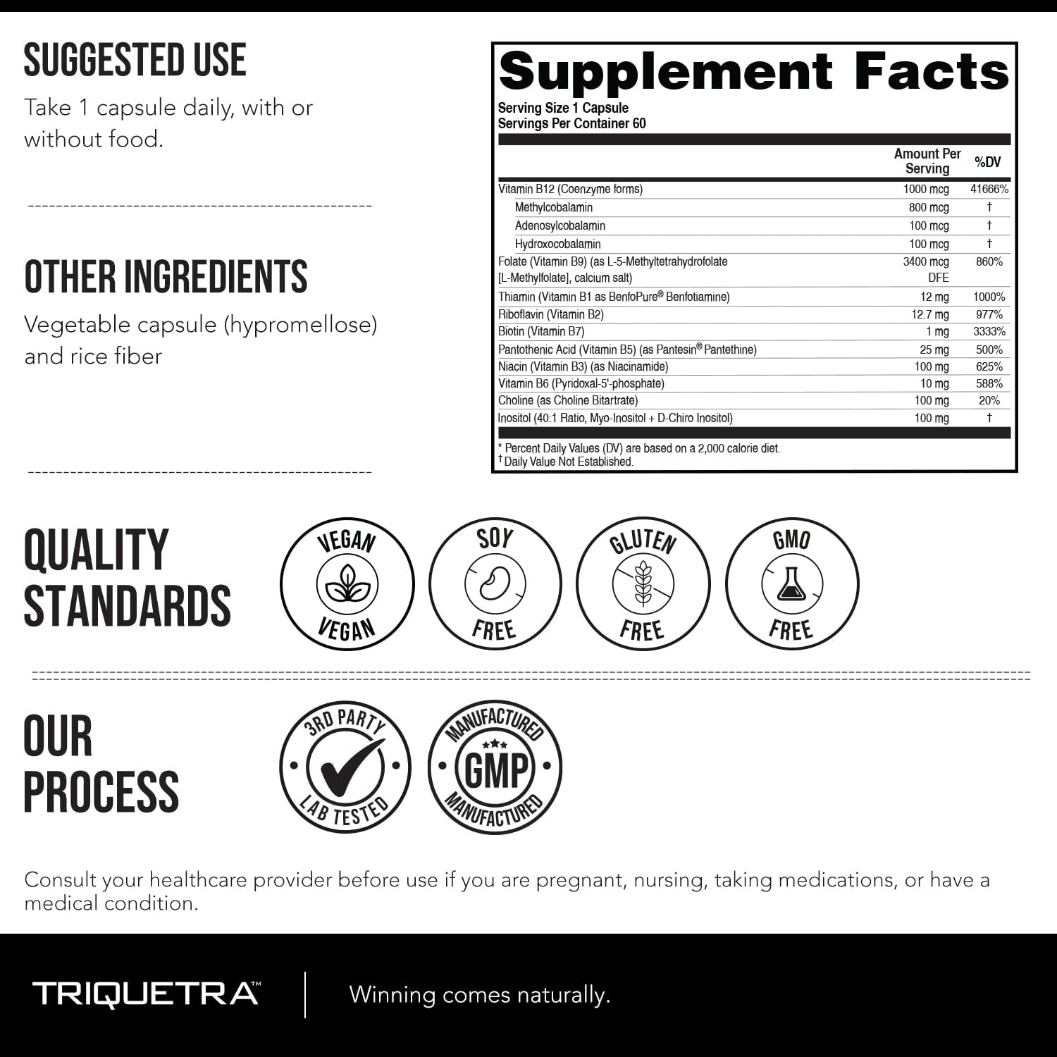 BioActive Vitamin B Complex - Complejo B Metilado con Metilfolato y 3 Formas de B12 - Triquetra Health