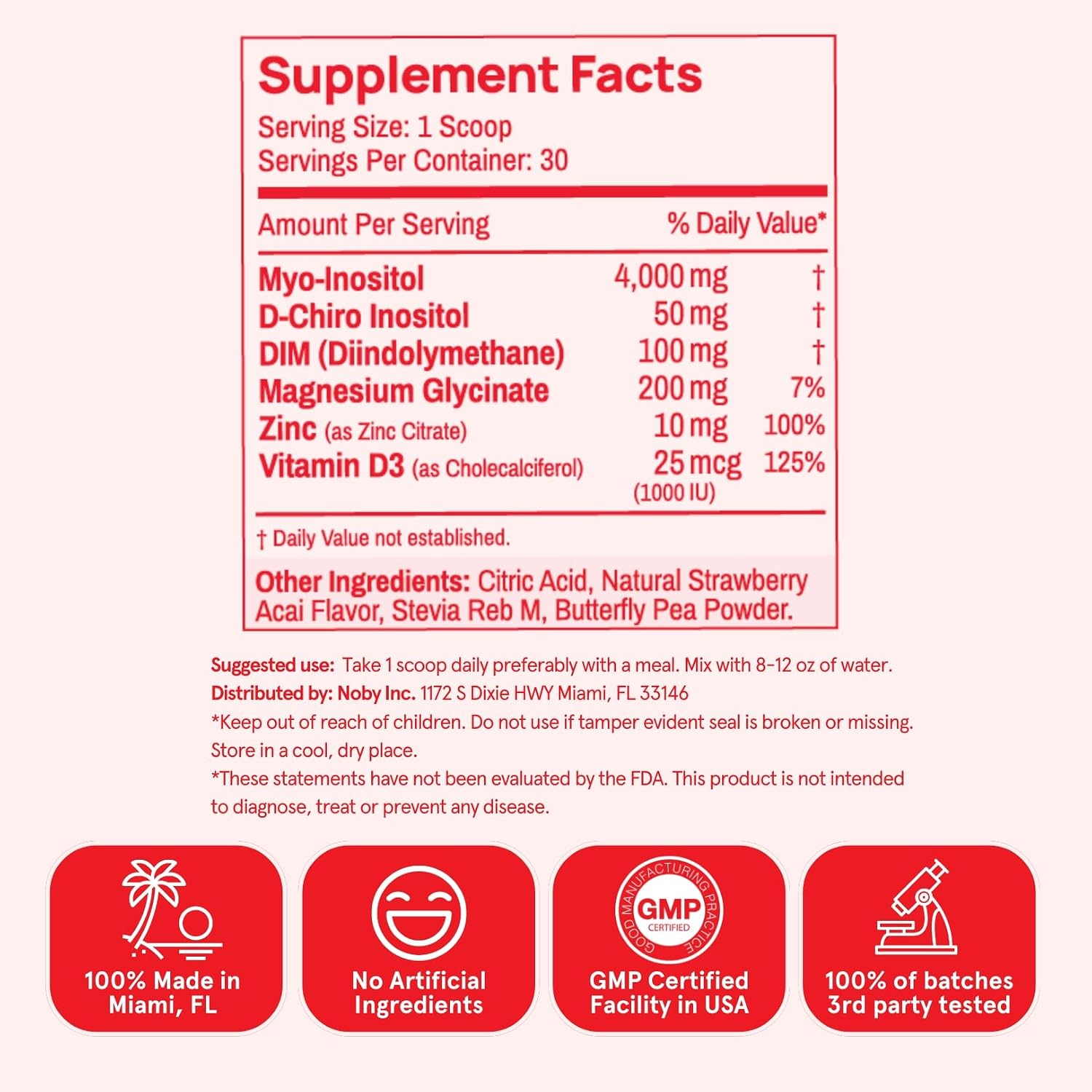Peach Perfect Inositol Powder Multivitamin, Strawberry Acai Flavor – 4g Myo & D-Chiro Inositol, DIM, Zinc, Magnesium Glycinate, Vitamin D3 – Apoyo al Bienestar Femenino, 30 Servings