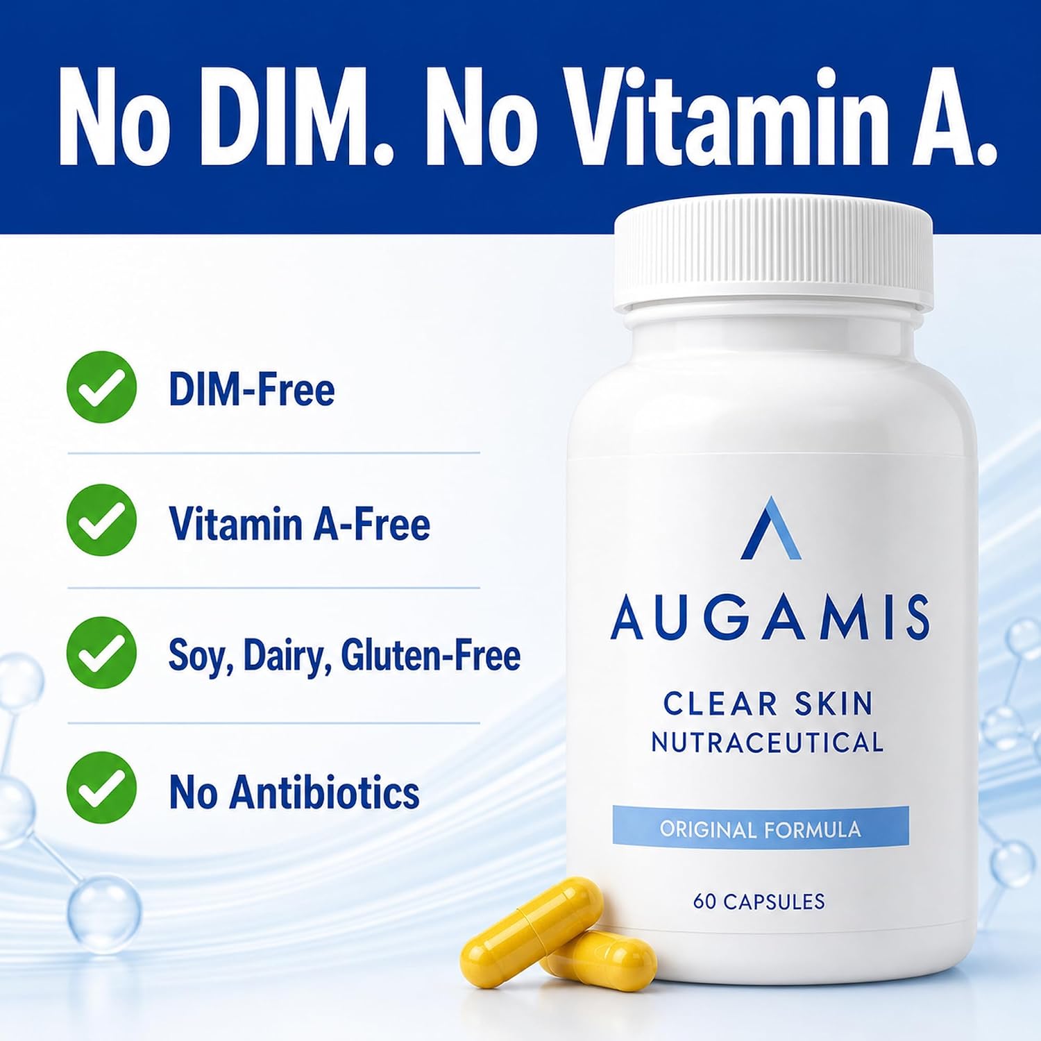 Augamis Tratamiento Hormonal para el Acné Femenino – Suplemento Libre de DIM para Piel Clara, Rostro y Cuerpo – 60 Cápsulas, 485 mg