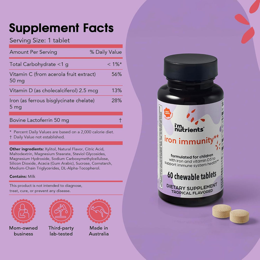 I'm Nutrients Iron Immunity | Hierro para Niños con Vitamina C y D3 | 60 Comprimidos Masticables