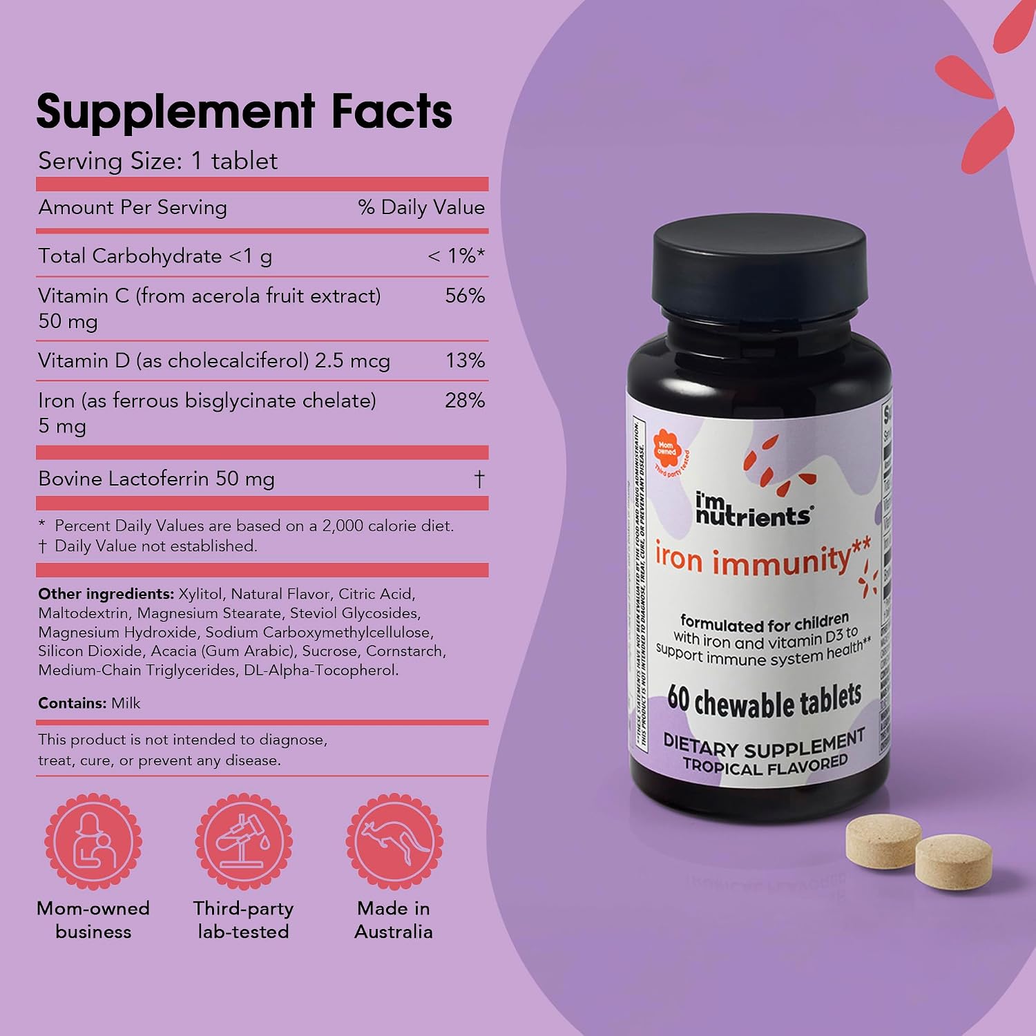 I'm Nutrients Iron Immunity | Hierro para Niños con Vitamina C y D3 | 60 Comprimidos Masticables