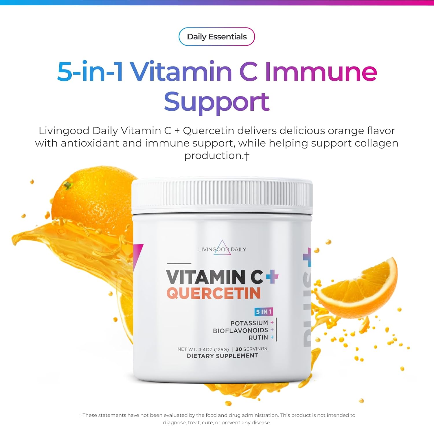Livingood Daily Vitamina C en Polvo 2600 mg con Quercetina - 30 Dosis, Sabor Naranja
