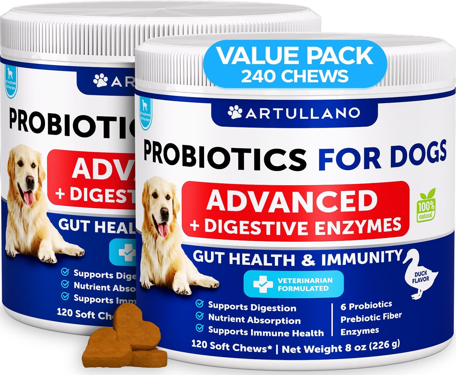 Probióticos para Perros - Apoya la Salud Digestiva, Piel con Picor, Alergias, Inmunidad, Equilibrio de Levaduras - Probióticos y Enzimas Digestivas con Prebióticos - Reduce Diarrea, Gases - 180 Masticables Probióticos para Perros