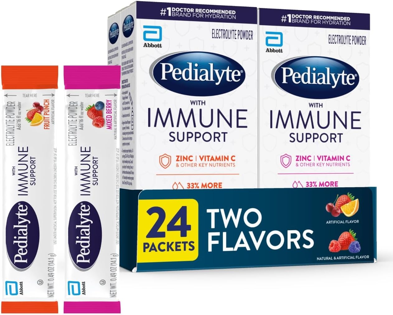 Pedialyte con Apoyo Inmunológico, Polvo de Electrolitos con Vitamina C y Zinc, Hidratación Avanzada, Sabor Punch de Frutas, 24 Sobres
