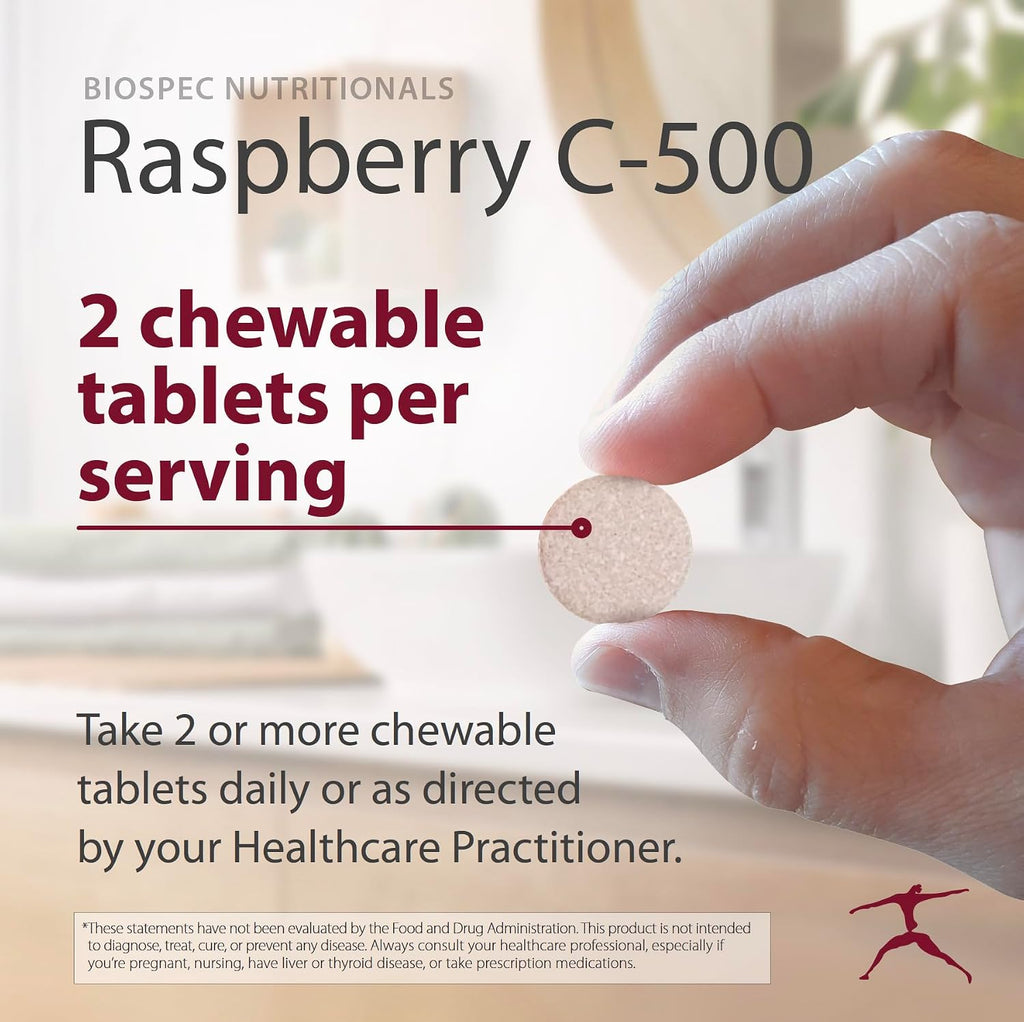 BIOSPEC NUTRITIONALS Raspberry C-500 – 500 mg de Vitamina C Masticable con Vitamina A y Bioflavonoides Cítricos