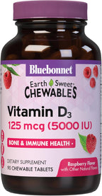 Bluebonnet Nutrition Earth Sweet Vitamin D3 5000 IU Chewable Raspberry Flavor Tablets, 90 Count