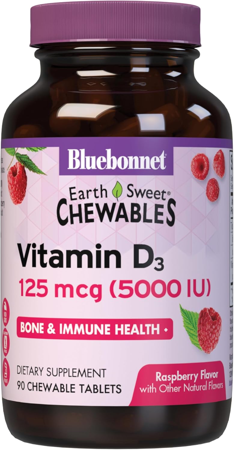 Bluebonnet Nutrition Earth Sweet Vitamin D3 5000 IU Chewable Raspberry Flavor Tablets, 90 Count
