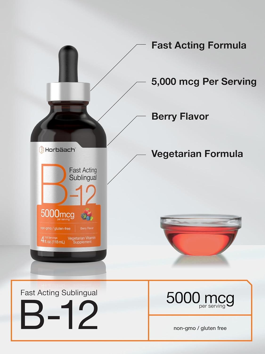 Horbaach Vitamina B12 5000 mcg Sublingual | Gotas Líquidas con Metilcobalamina y Cianocobalamina | Sabor Berry | Sin Gluten y No-GMO