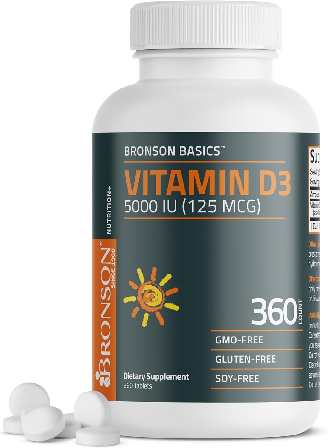 Bronson Vitamina D3 5000 UI (125 mcg) - 360 Comprimidos - No Transgénico, Sin Gluten, Sin Soja