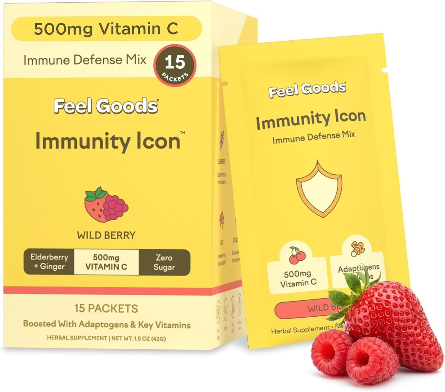 Feel Goods Immunity Icon, Polvo de Apoyo Inmunitario con Vitamina C - 500mg Vitamina C, Saúco, Jengibre, Cúrcuma y Vitaminas Clave para la Salud Inmunitaria Diaria - Mezcla para Bebida Sin Azúcar y Sin Cafeína