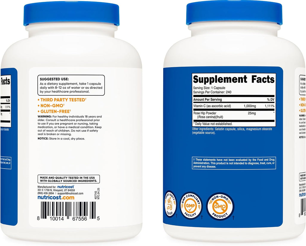 Nutricost Vitamina C con Escaramujo 1025mg, 240 Cápsulas