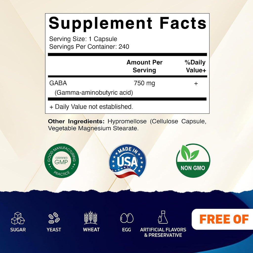 Vitamatic GABA (Ácido Gamma-Aminobutírico) 750mg, 240 Cápsulas Vegetales - No-GMO, Sin Gluten