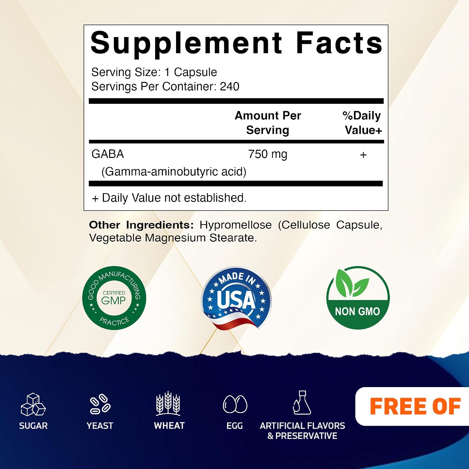 Vitamatic GABA (Ácido Gamma-Aminobutírico) 750mg, 240 Cápsulas Vegetales - No-GMO, Sin Gluten