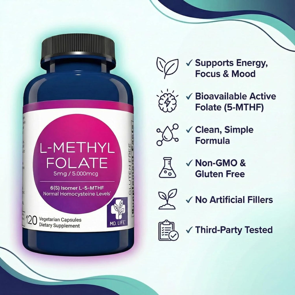 MD Life L-Metilfolato 5 mg - 120 Cápsulas - Metilfolato Activo