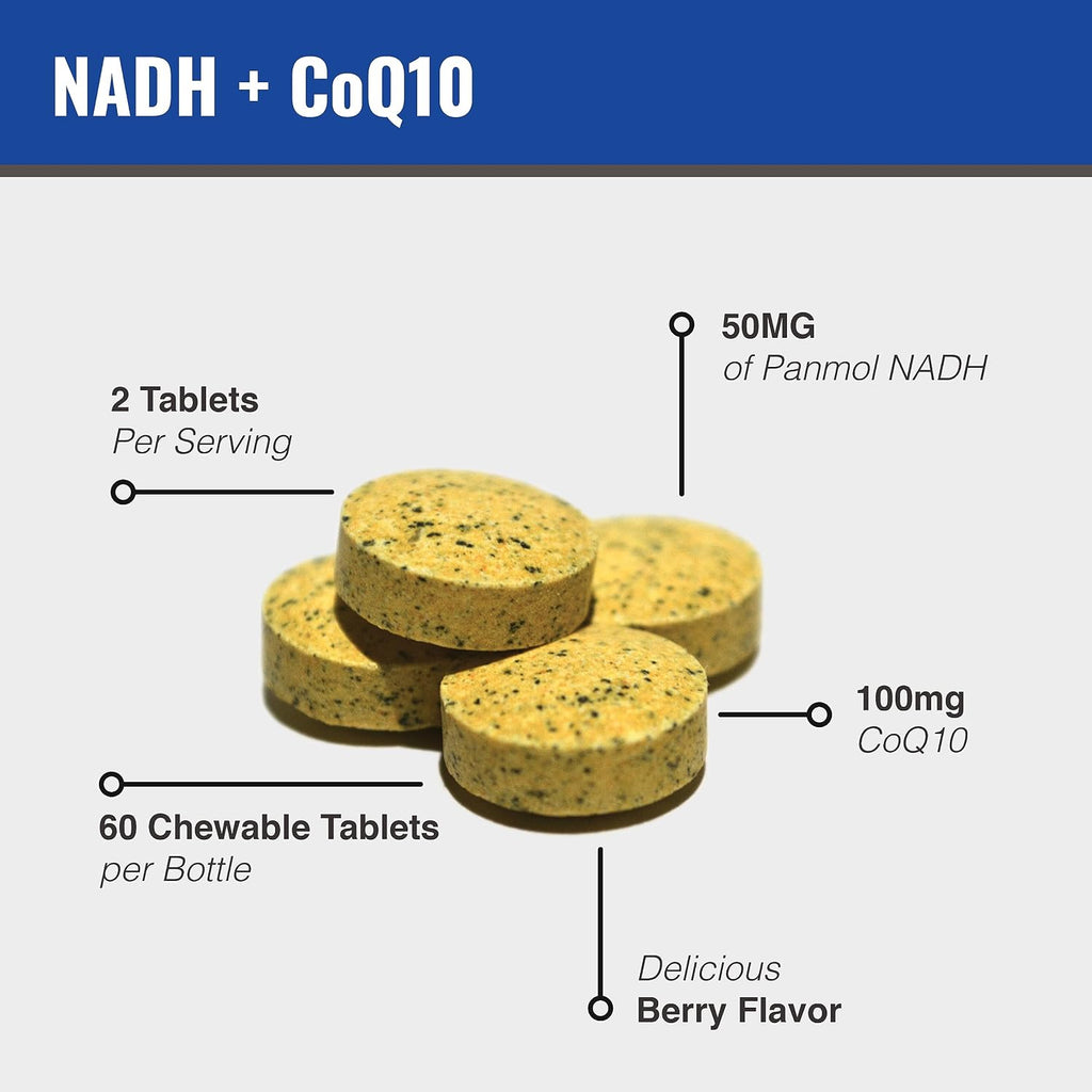 MAAC10 NADH + CoQ10 – 60 Comprimidos Masticables | 50mg NADH PANMOL® + 100mg CoQ10 | Energía y Enfoque Mental