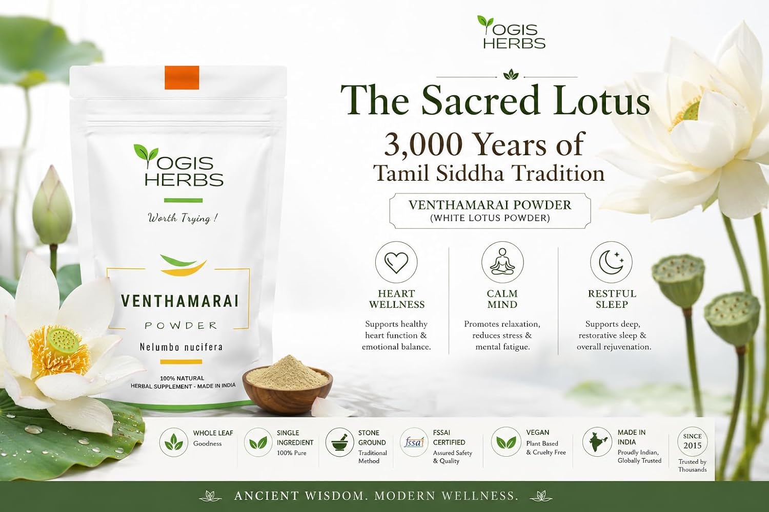 YOGIS HERBS Polvo de Venthamarai - Polvo de Loto Blanco (Nelumbo Nucifera) - Hierba Tradicional Siddha Tamil - Pétalos Puros en Polvo