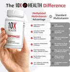 10X Health Optimize Multivitamínico Metilado para Hombres y Mujeres - 90 Cápsulas, Fórmula 34 en 1 con 800 mcg de Vitamina B12, 5-MTHF, NAC - Complejo B Metilado