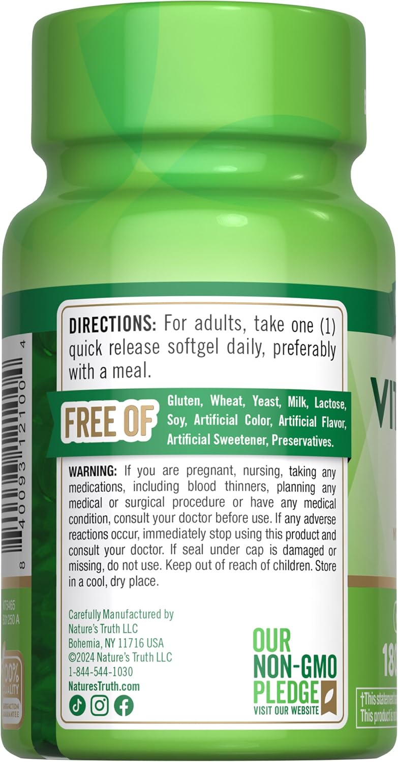 Nature's Truth Vitamina K2 MK-7 | 100 mcg | 180 Cápsulas Blandas | No-GMO y Sin Gluten