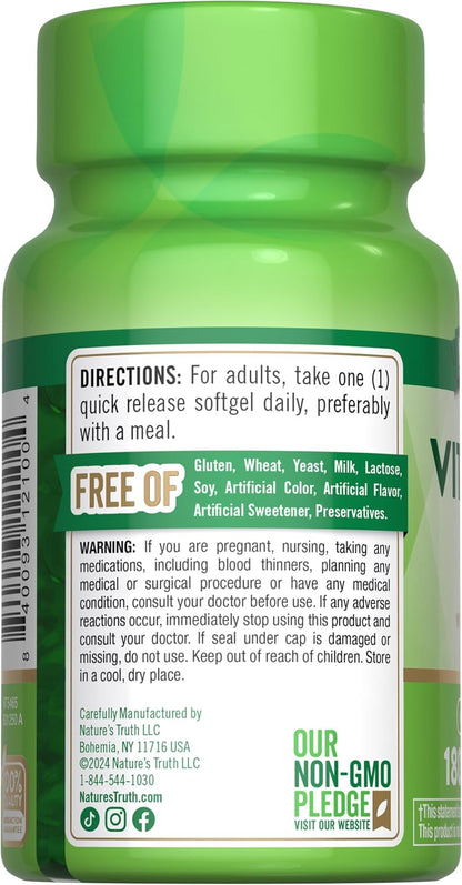 Nature's Truth Vitamina K2 MK-7 | 100 mcg | 180 Cápsulas Blandas | No-GMO y Sin Gluten – Image 7