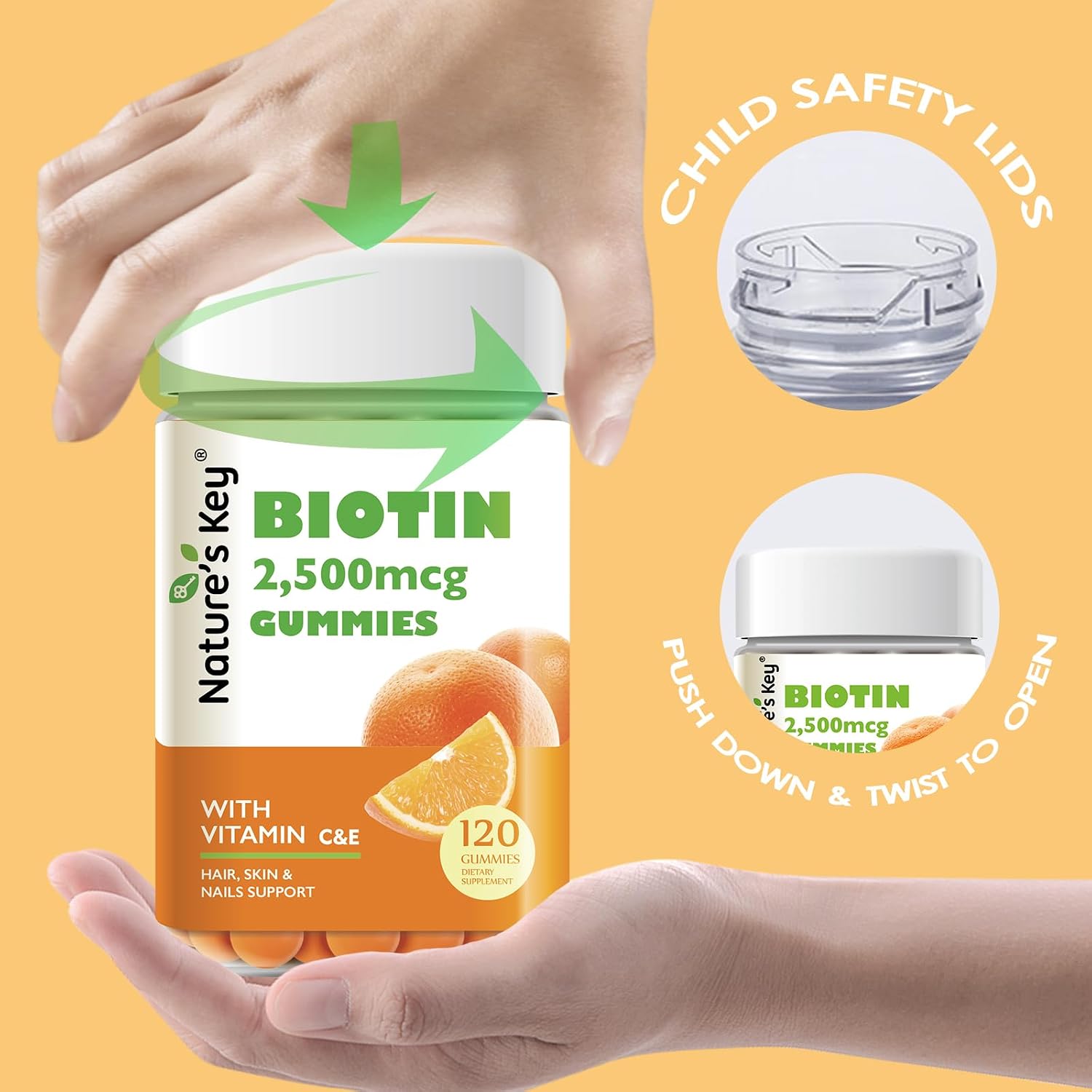 Nature's Key Biotin Gummies con Vitaminas C y E - Mantenimiento del Cabello, Piel y Uñas - Vegano - Sabor Naranja - 120 Gominolas