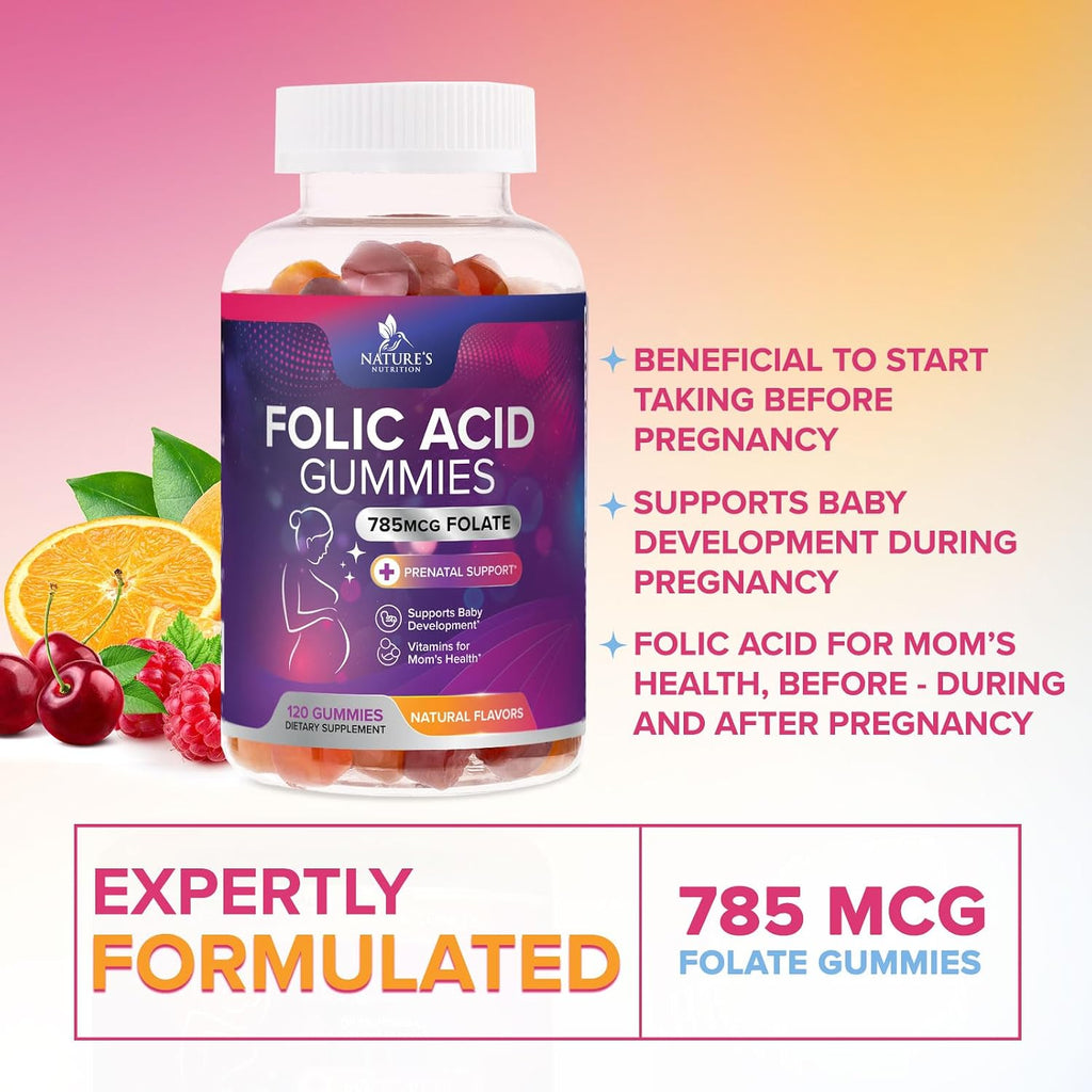 Nature's Nutrition Gominolas de Ácido Fólico - 785 mcg de Folato - Vitaminas Prenatales - 120 Gominolas de Naranja, Cereza y Uva