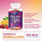 Nature's Nutrition Gominolas de Ácido Fólico - 785 mcg de Folato - Vitaminas Prenatales - 120 Gominolas de Naranja, Cereza y Uva