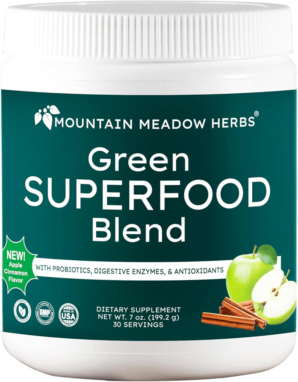 Mountain Meadow Herbs Green Superfood Blend – Mezcla de Superalimentos Verdes con Espirulina, Chlorella, Probióticos y Enzimas Digestivas – 30 porciones