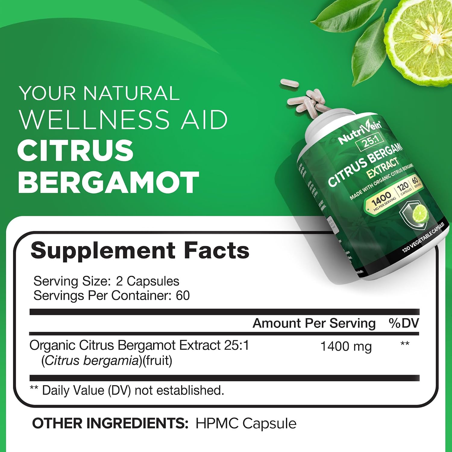 Nutrivein Premium Extracto de Bergamota 1400mg – 120 Cápsulas (60 Días)