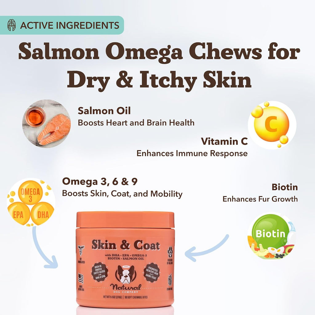 Natural Dog Company – Complemento de Aceite de Salmón Omega 3 para Perros, Piel y Pelaje, 90 masticables