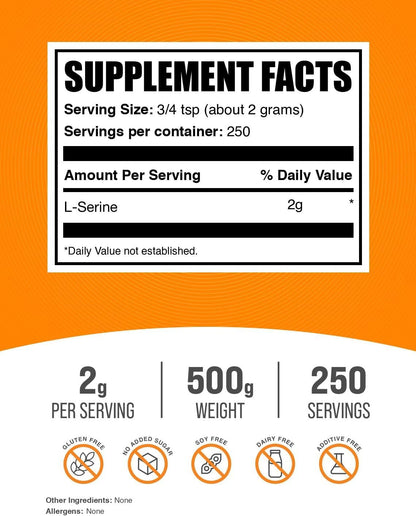 L-Serine Powder - Suplemento de Serina, Polvo de Aminoácido - Sin Sabor y Sin Gluten, 2g por Ración, 500g (1.1 lb) – Image 2