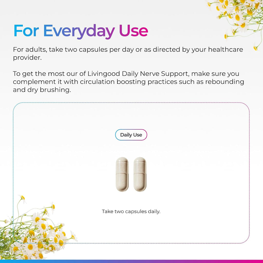 Livingood Daily Nerve Support Supplement - Complemento para el Sistema Nervioso 12-en-1 con B12 Metilada, Folato, Benfotiamina, Ácido Alfa Lipoico y Matricaria - Sin Gluten, No GMO - 60 Cápsulas