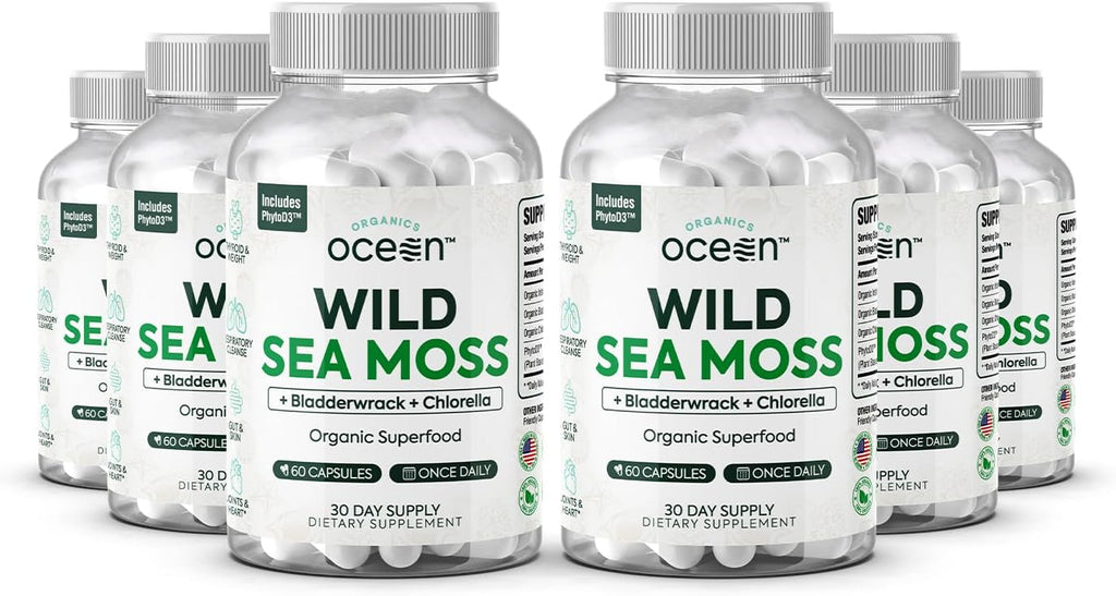 Organics Ocean Wild Sea Moss Cápsulas - Musgo Marino Orgánico con Chlorella, Bladderwrack y Vitamina D - 3 Botellas