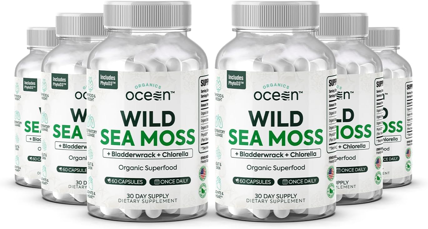 Organics Ocean Cápsulas de Musgo Marino Salvaje - 100% Orgánico con Chlorella, Bladderwrack y Vitamina D - 6 Botellas