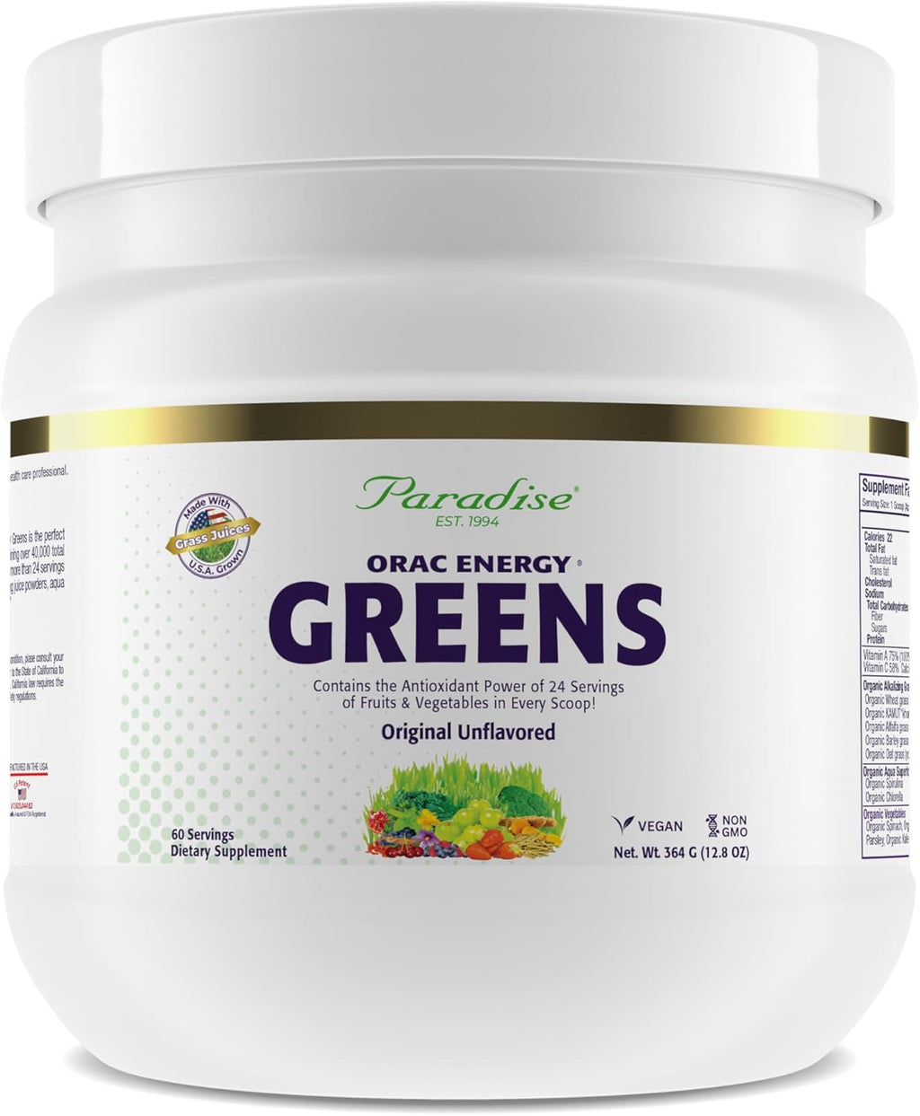 Paradise ORAC Energy Greens - Extracto de Superalimentos Verdes, 60 Servicios