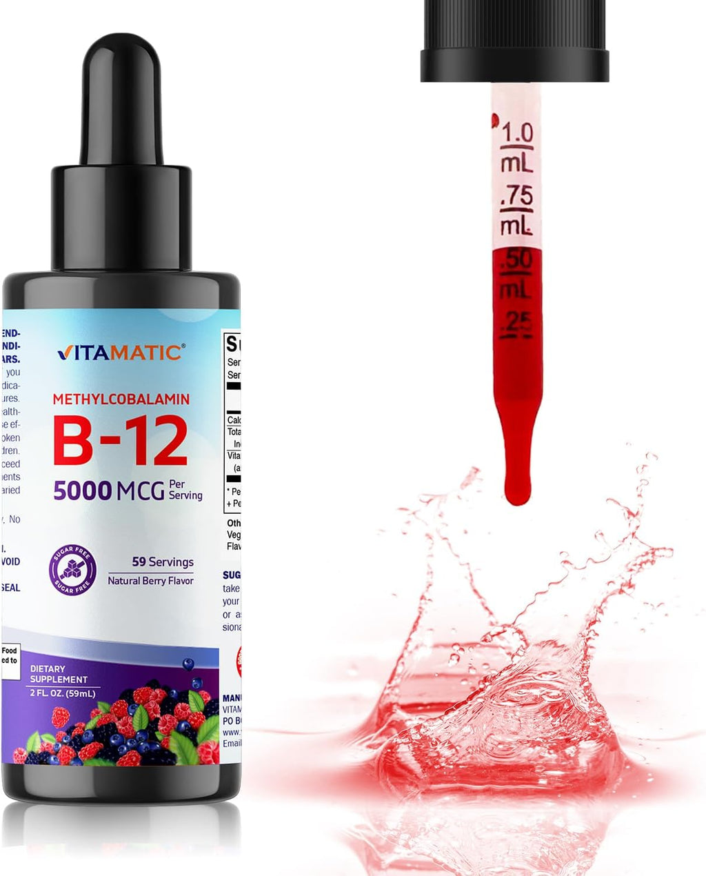 Vitamatic Vitamina B12 Líquida 5000 mcg Metilcobalamina, Sabor Natural a Bayas, Pack de 2
