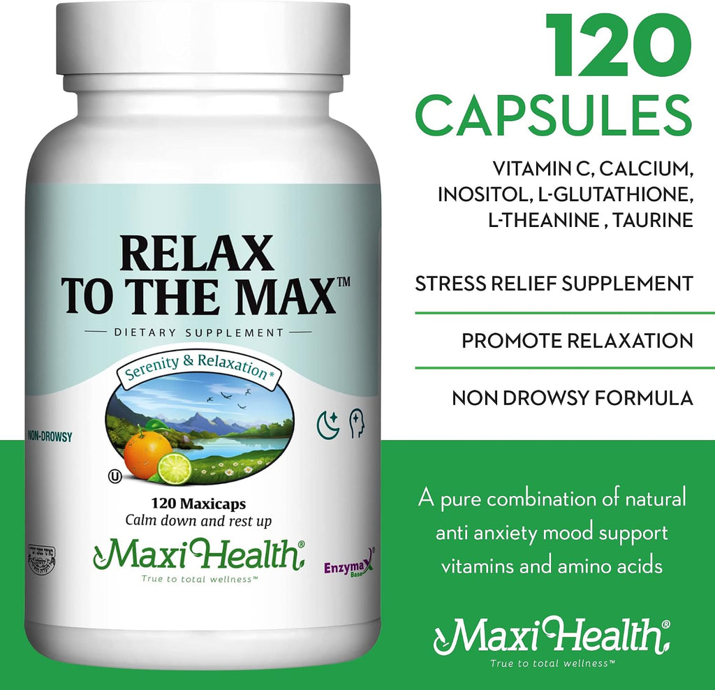 Relax to The Max de Maxi Health - 120 Cápsulas para Alivio del Estrés con Vitamina C, Calcio, L-Teanina y Aminoácidos
