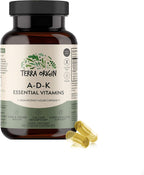TERRA ORIGIN ADK Essential Vitamin Supplement | 60 Cápsulas Líquidas | Alta Potencia Vitaminas A, D3 (5000 UI), K1 y K2