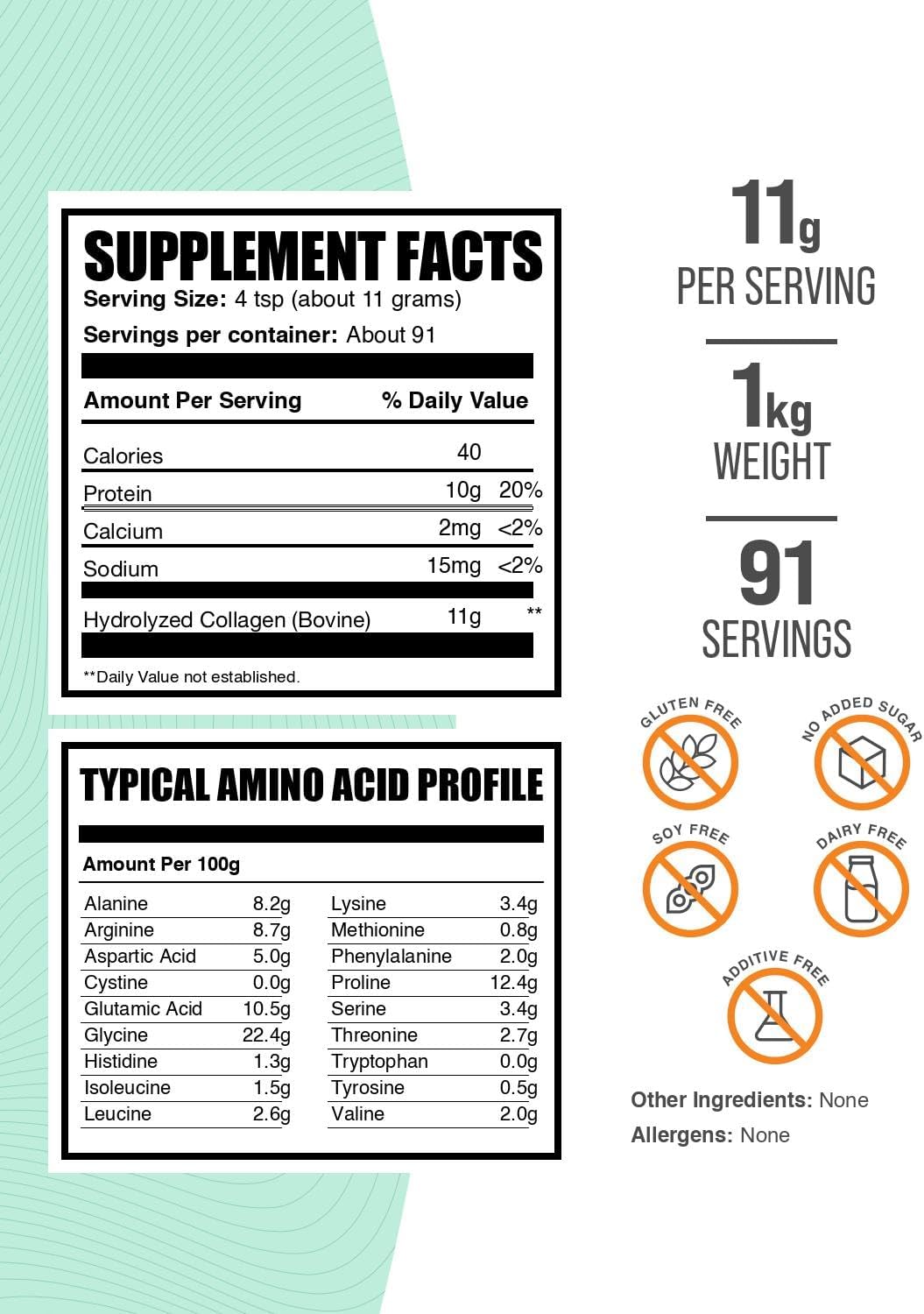 BulkSupplements.com Péptidos de Colágeno en Polvo - Colágeno Bovino Hidrolizado, Sin Sabor, 11 g por ración, 1 kg