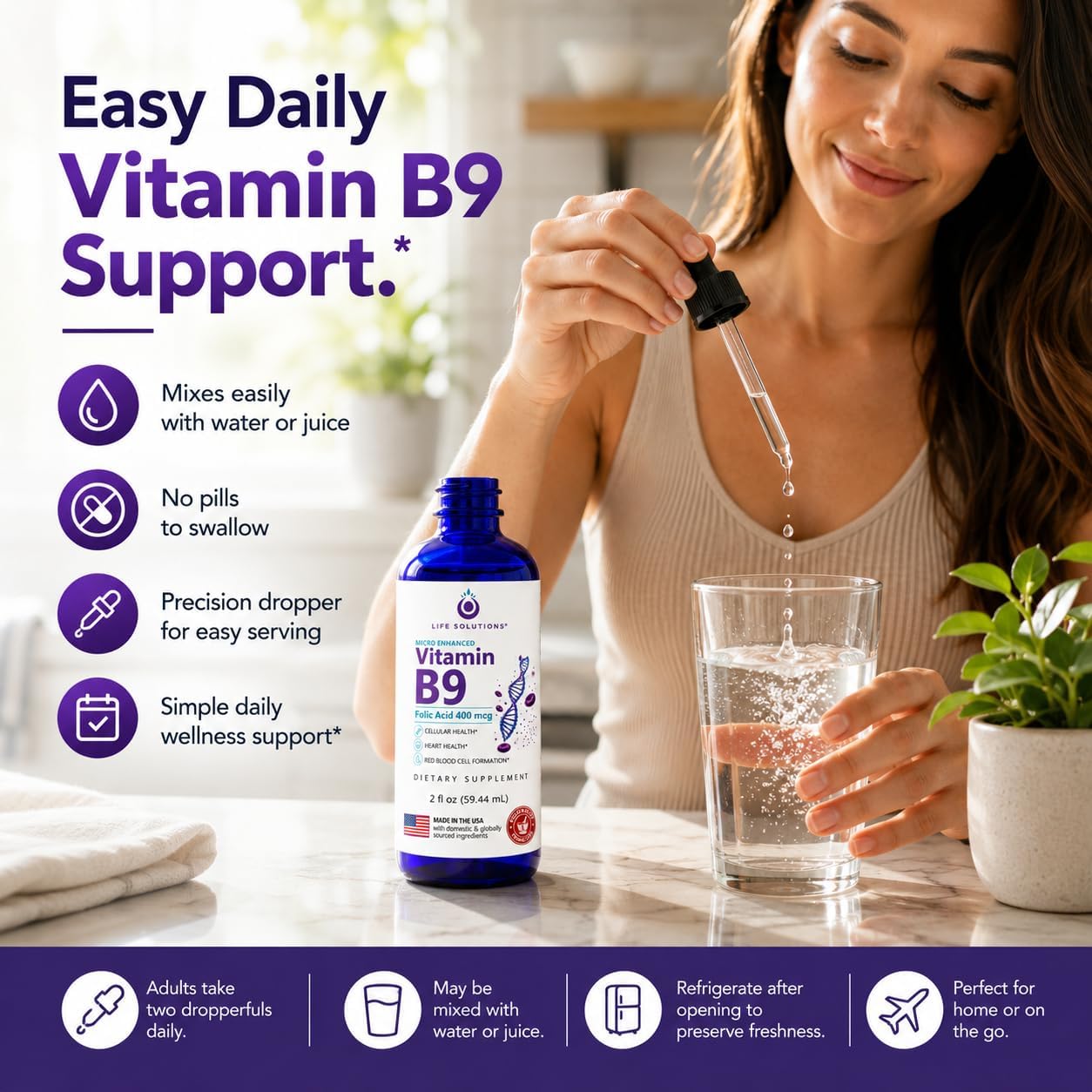 Life Solutions Vitamin B9 Gotas Líquidas de Ácido Fólico 400 mcg, 60 ml