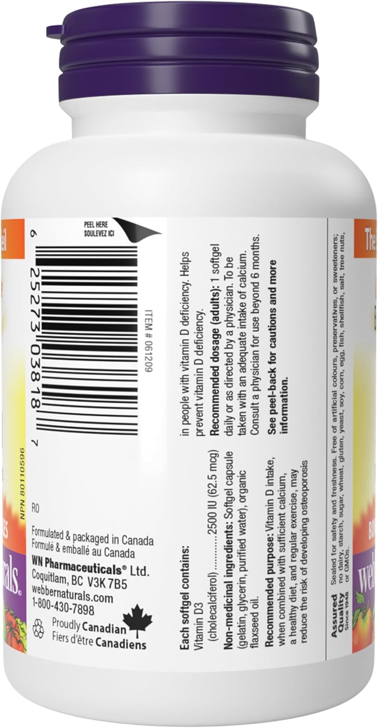 Webber Naturals Vitamina D3 2500 IU Extra Strength, 180 Cápsulas Blandas