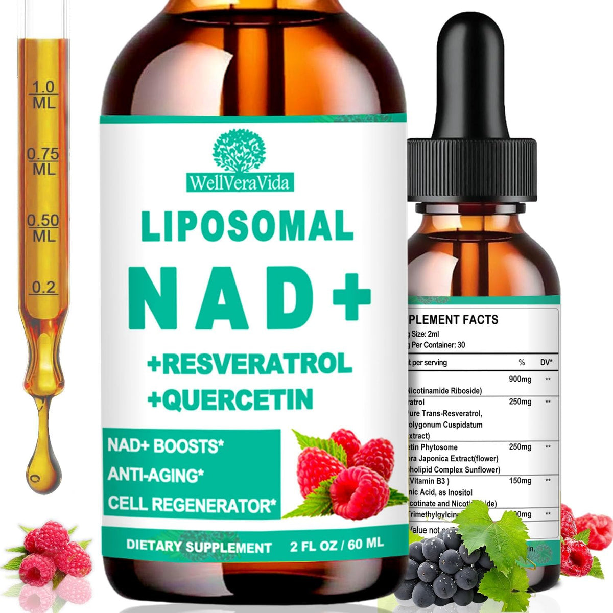 NAD Supplements for Women & Men, Liposomal NAD Nicotinamide Riboside Resveratrol 900mg, TMG, Quercetin, Vitamin B3, Organic Liquid NAD Resveratrol Supplement for Longevity, Energy, Anti-Aging, Focus - görsel 1
