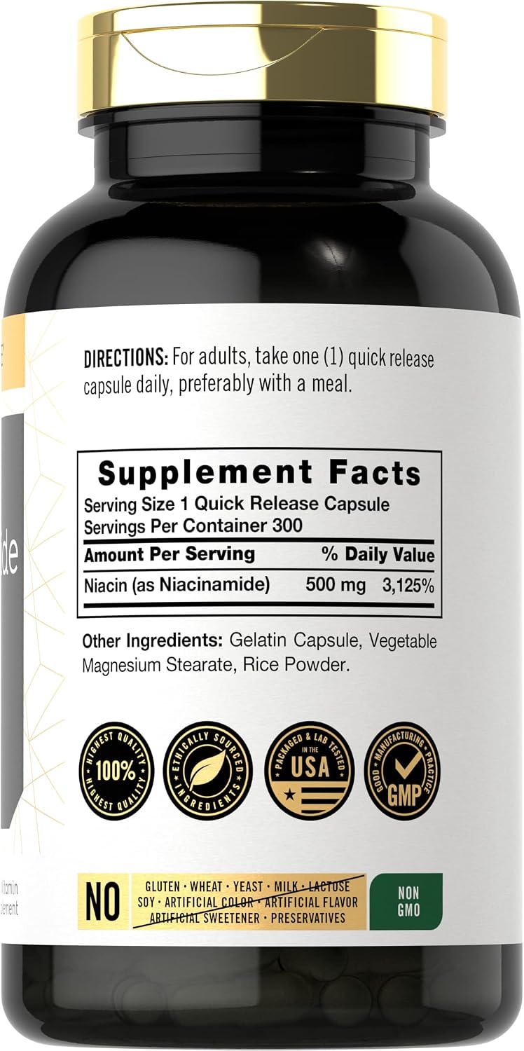 Carlyle Niacinamida 500 mg, 300 cápsulas - Suplemento de Vitamina B3
