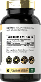 Carlyle Niacinamida 500 mg, 300 cápsulas - Suplemento de Vitamina B3