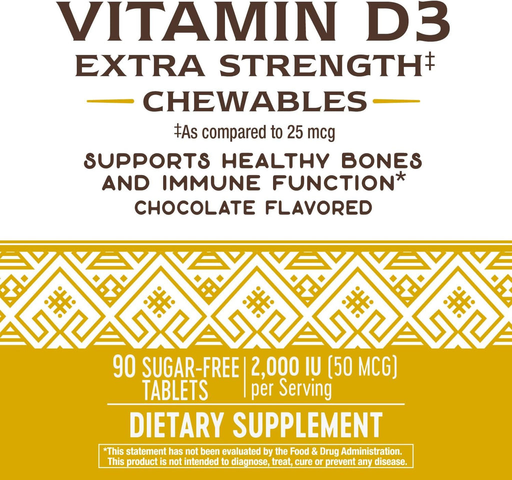 Nature's Way Vitamina D3 Extra Strength, Sin Azúcar, Sabor Chocolate, 90 Comprimidos Masticables