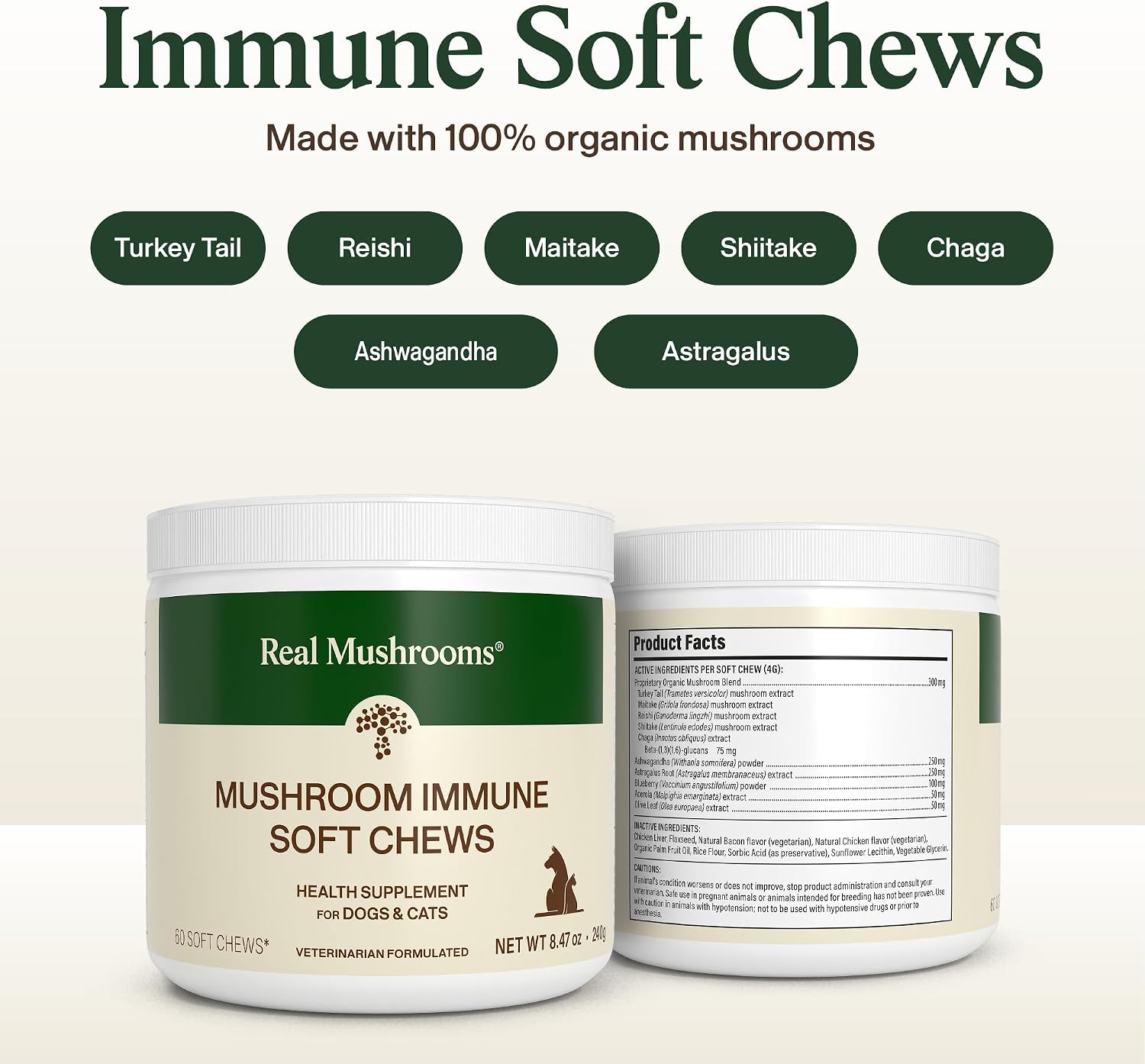 Real Mushroom Immune Pet Chews – Masticables de hongos para perros y gatos (60 uds)