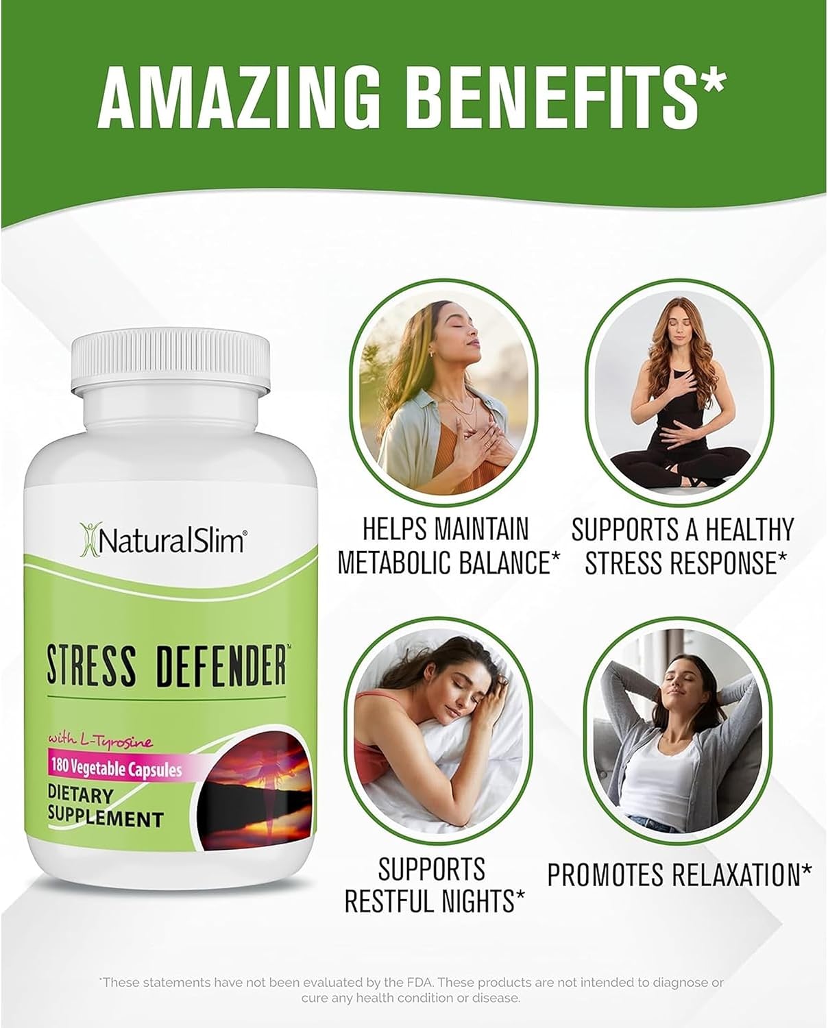 NaturalSlim Stress Defender Suplemento para el Estrés, Fórmula de Equilibrio de Cortisol con Vitamina B5 y L-Tirosina, Apoyo al Sueño y Metabolismo, 180 Cápsulas Vegetales (3 Paquetes)