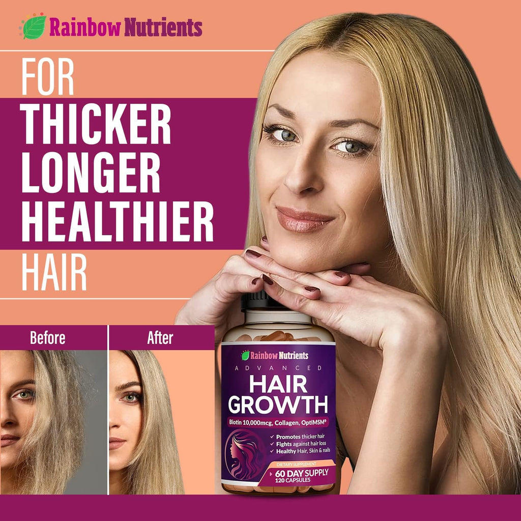Vitaminas para el Crecimiento del Cabello para Mujeres con Biotina 10.000 mcg, Colágeno, OptiMSM, goMCT y Saw Palmetto - 2 Envases