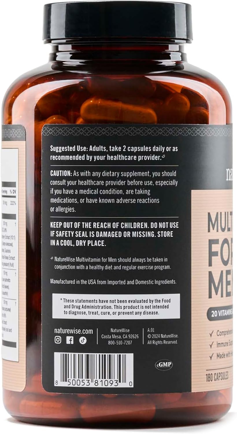 NatureWise Multivitamínico para Hombres - Complejo de Vitaminas, Minerales y Hierbas para Energía, Rendimiento e Inmunidad - con Vitamina A, C, D, Complejo B - Sin Soja ni Gluten, No GMO - 180 Cápsulas (3 Meses)