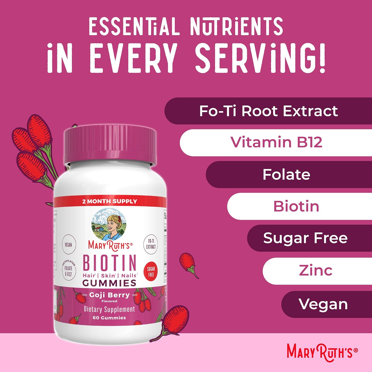 MARYRUTH'S Organics Biotin Gummies - Gominolas de Biotina 2500 μg | Sin Azúcar | Vegano | 60 Unidades